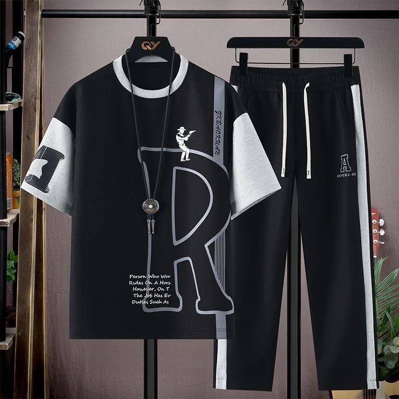 Summer Fashion Trendy Printed Short Sleeve T-Shirt Sports Set Men's Casual Loose Breathable High Quality Plus Size Two-Piece Set view 2