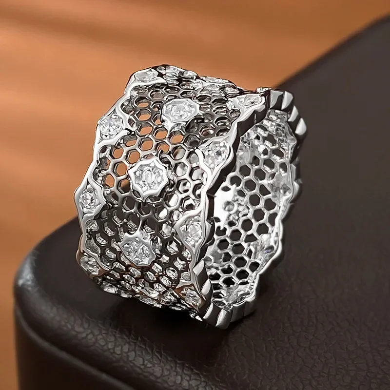 

2023 New Black Lace Ring S925 Silver Hollow Mesh Index Finger Ring Women's European and American Style