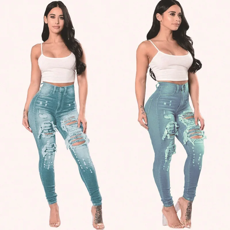 

Jeans Women Hole Denim Pencil Pants Ripped Skinny Ankle Length Trousers Stretch High Waist Distressed Washed 2025 Streetwear