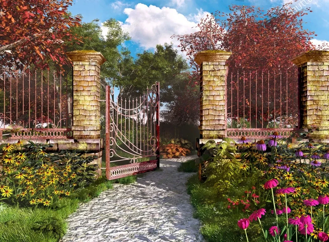 Puerta de jardín paisaje otoñal plantas coloridas árbol flor telones de fondo impresión por ordenador boda fotografía estudio fondos