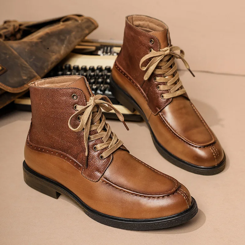 

2023 New Business Genuine Leather Shoes Fashion Vintage Boots Comfort Male Footwear Lace Up Man Shoes Ankle Boots A028