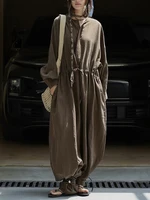 [EAM] Women Coffee Drawstring Big Size Long Jumpsuit New High Waist Pocket Stitch Pants Fashion Tide Spring Autumn 2026 1DJ2953 - Image 4