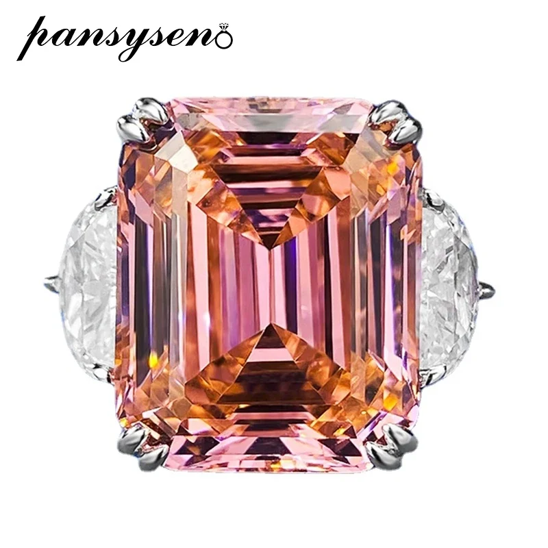 

PANSYSEN 100% 925 Sterling Silver 15CT Asscher Cut Orange Pink Padparadscha Gemstone Ring Weeding Fine Jewelry Free Shipping