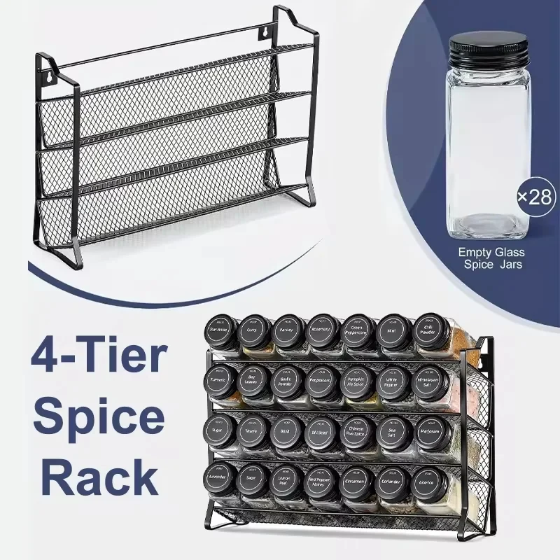 Estante de Almacenamiento de 4 Niveles para Armario – Organizador de Especias y Condimentos de Acero al Carbono, Estante de Cocina para Especias de Montaje en Pared, Despensa Antideslizante