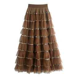 Spring Summer New Mesh Layered Yarn Sequin Splicing Heavy Industry High Waisted A-line Sweet Cake Skirt Half Length Long Skirts