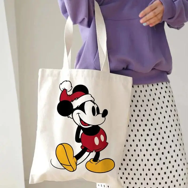 MINISO Disney Minnie Mickey Mouse Printing Tote Handbag Fashion Aesthetic Shoulder Bag Eco Large Capacity Travel Shopping Bags