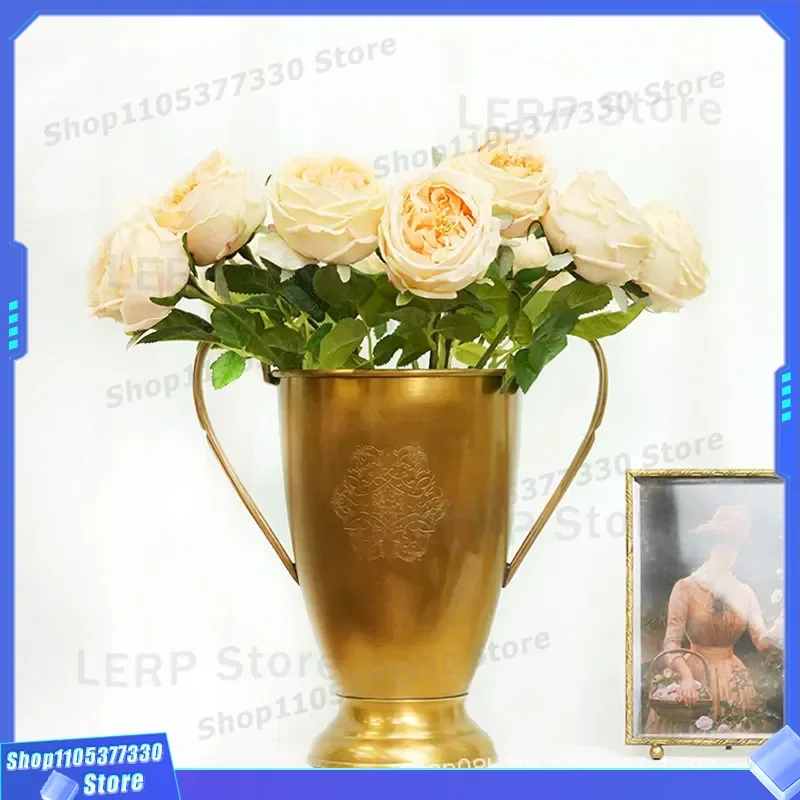 Luxury Brass Vase with Large Handles Creative Flower Bucket for Home Decor European American Simple Style Versatile Floral