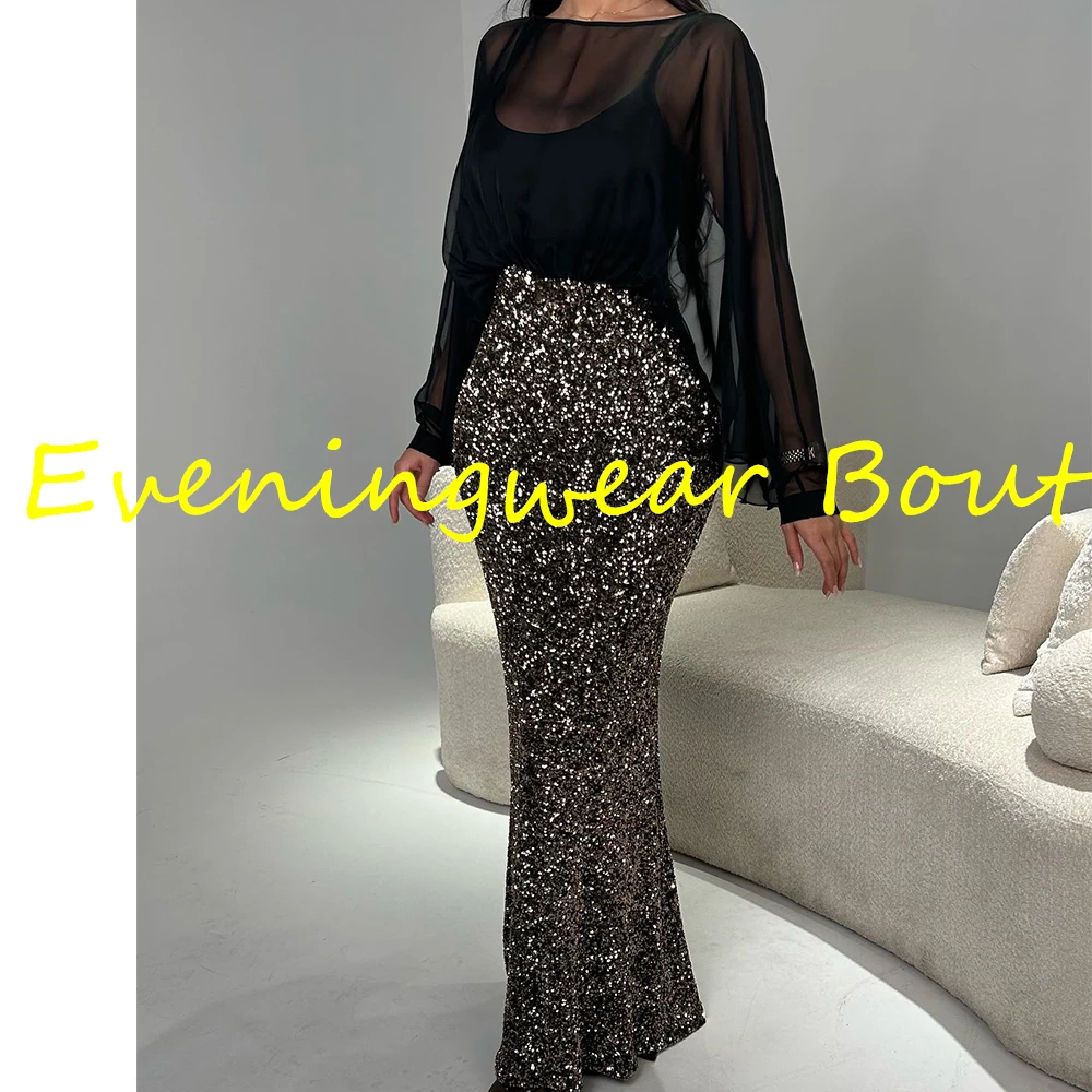 Customized Classic Straight Ankle Length Crew neck Long Sleeves Sequined Evening Dress Fashion Photo Color vestidos para mujer