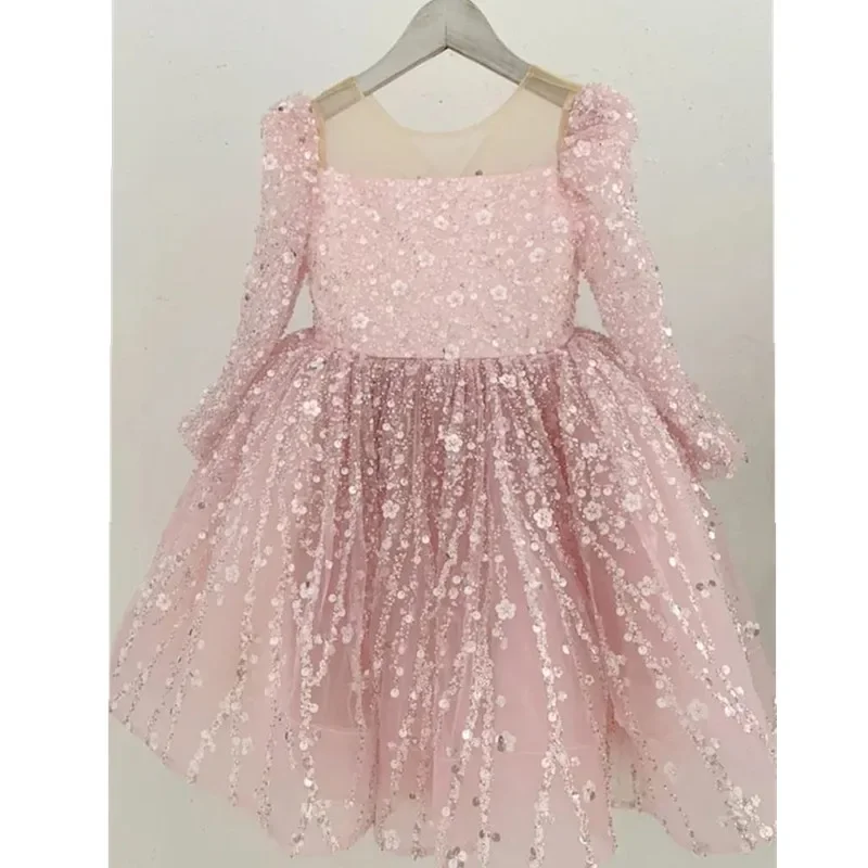 

2024Children Birthday Evening Party Long Sleeve Formal Dresses Kids Matching Kids Girls Elegant Shinny Sequin Princess Ball Gown