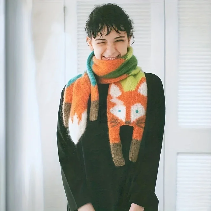 Kinderen Cartoon Vos Gebreide Sjaal voor Vrouwen Herfst Winter Kleine Vos Sjaal Baby Jongens Meisjes Warme Sjaal Breien Dieren Sjaal