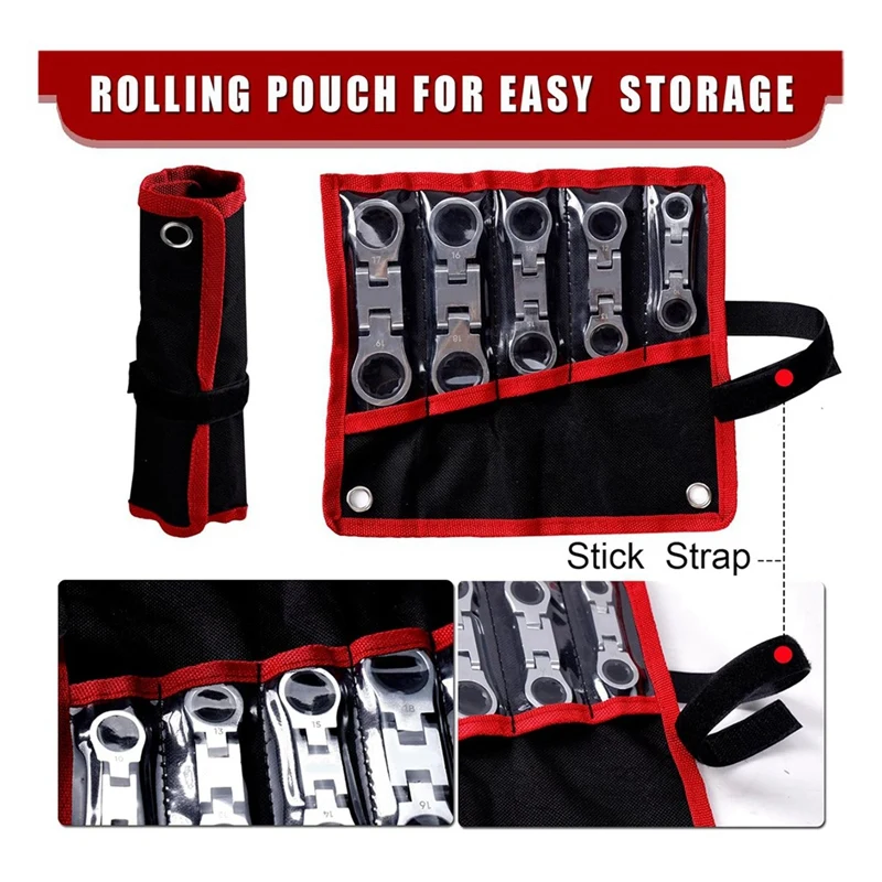 5-Piece Stubby Flex-Head Ratcheting Wrench Set Metric Combination SAE 72-Teeth, CRV, Nickel Plating With Rolling Pouch