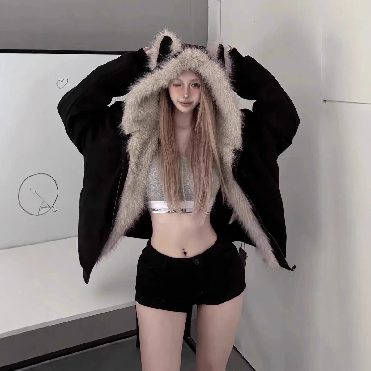 겨울 신상 우아한 라이너 퍼 루즈 코트 여성 Y2K 퍼 칼라 후드 두꺼운 패션 파카 캐주얼 아우터웨어 면 패딩 재킷