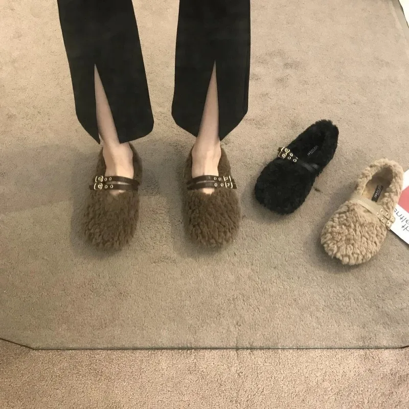 Designer Warm Cotton Women Flats Shoes Women Ballet Laofer Shallow Slip on Ladies Fur Mary Jane Shoes Soft Outdoor Granny Shoes - view 5