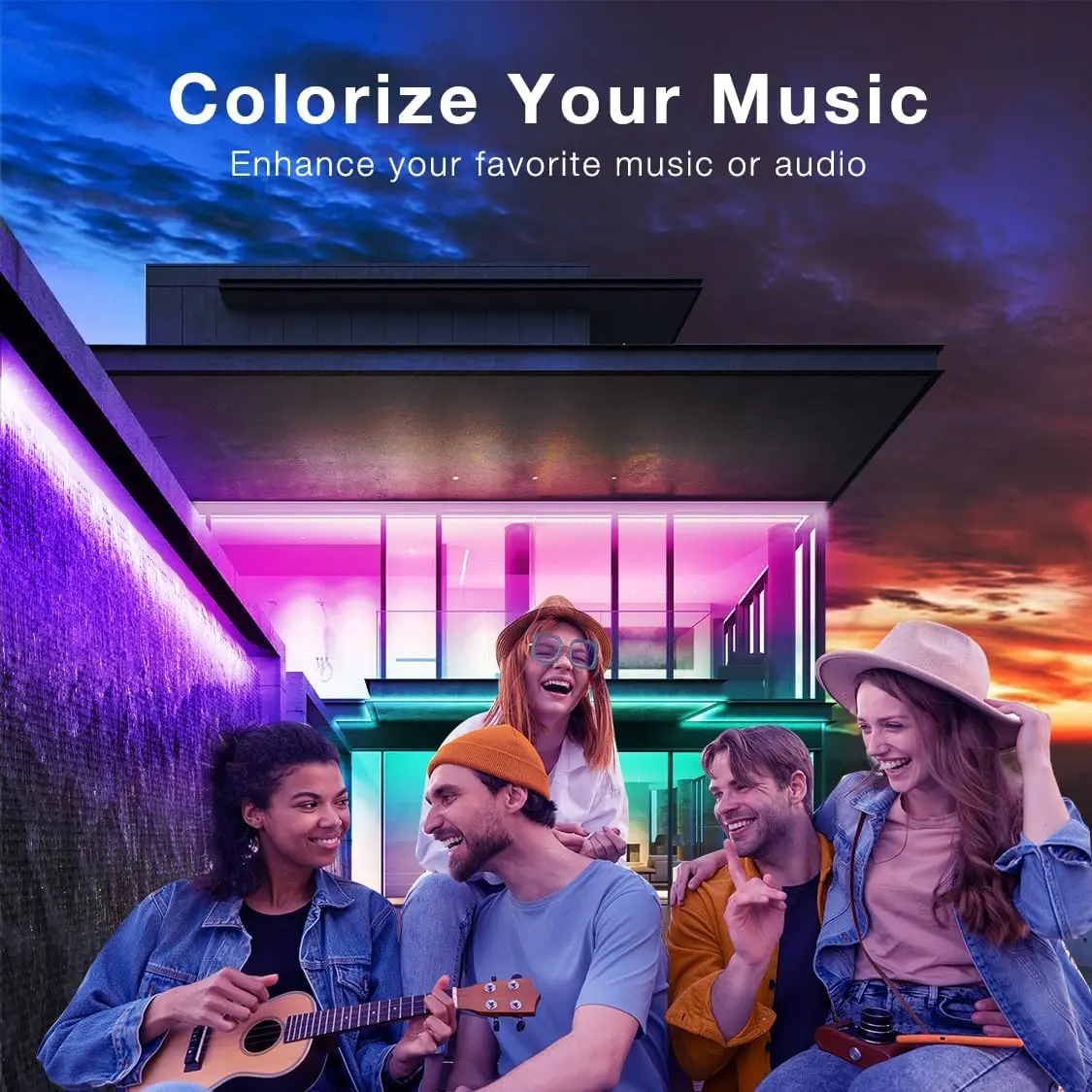 Tira de luces LED impermeables para exteriores, control inteligente por aplicación WiFi, cambio de color con Alexa y asistente de Google, sincronización de música, 32,8 pies