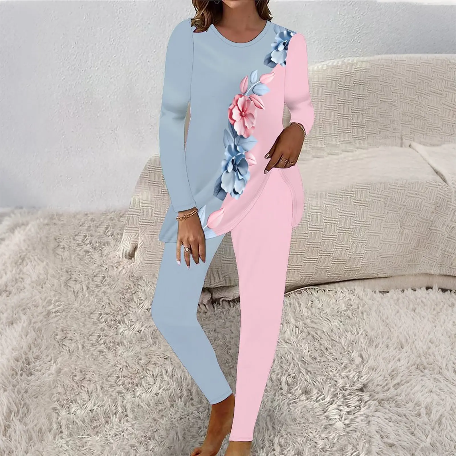 Round-neck Retro Suit Fashion Tight Pants Autumn Daily Long Pants Women's Printed Long-sleeved Winter Elegant Two-piece Set