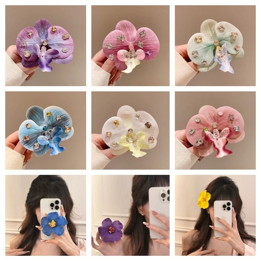 فراشة الأوركيد زهرة الأوركيد دبوس الشعر كريستال الحلو شاطئ البحر عطلة أغطية الرأس إكسسوارات الشعر الكورية نمط بوهيميا المشابك