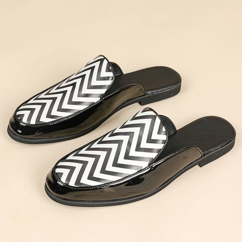 Men Striped Closed Toe Mules Slip On Flats Sneakers Leather Half Slippers Slide Sandals Backless Casual Shoes Plus Size 38-46