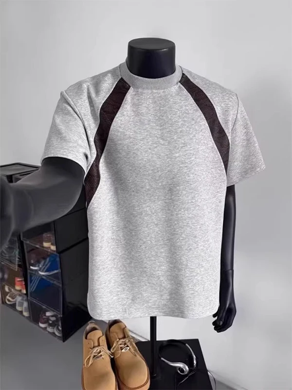 Rigid Liquid Ammonia Cotton ort Sve Men's T-irt Snake Stripe Splicing Boxy oulder Five Sve Design Summer Faion