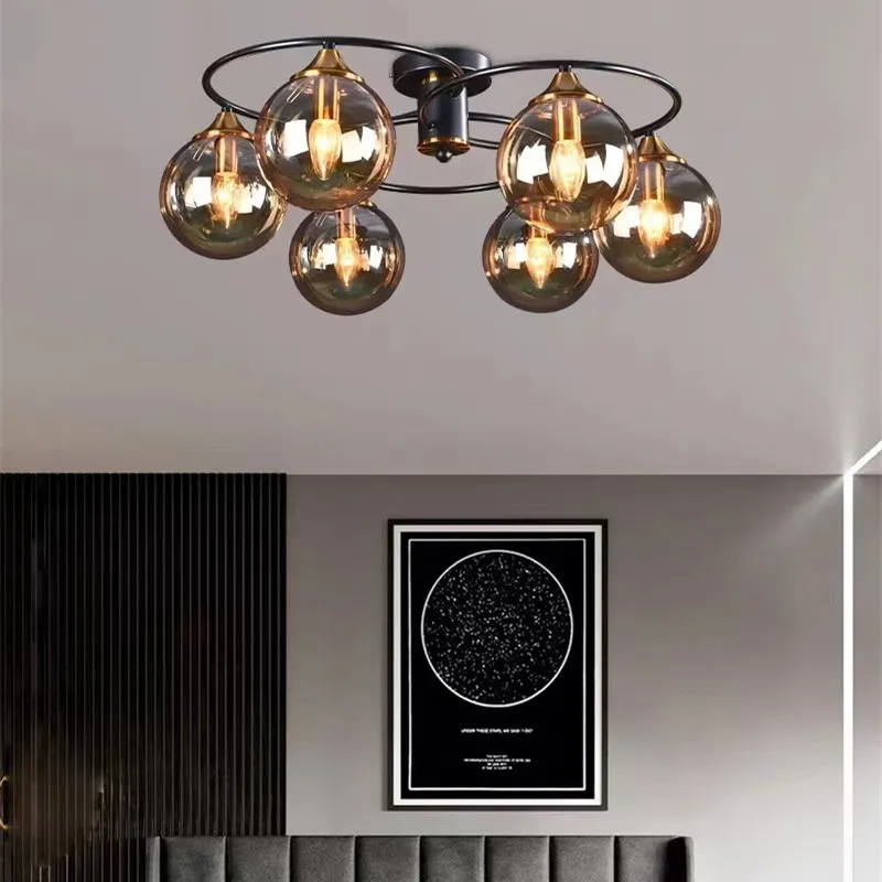 

Industrial ceiling light Smoky Gray Amber glass ball light Foyer Room Art Design Loft Lamp Black Metal kitchen lighting