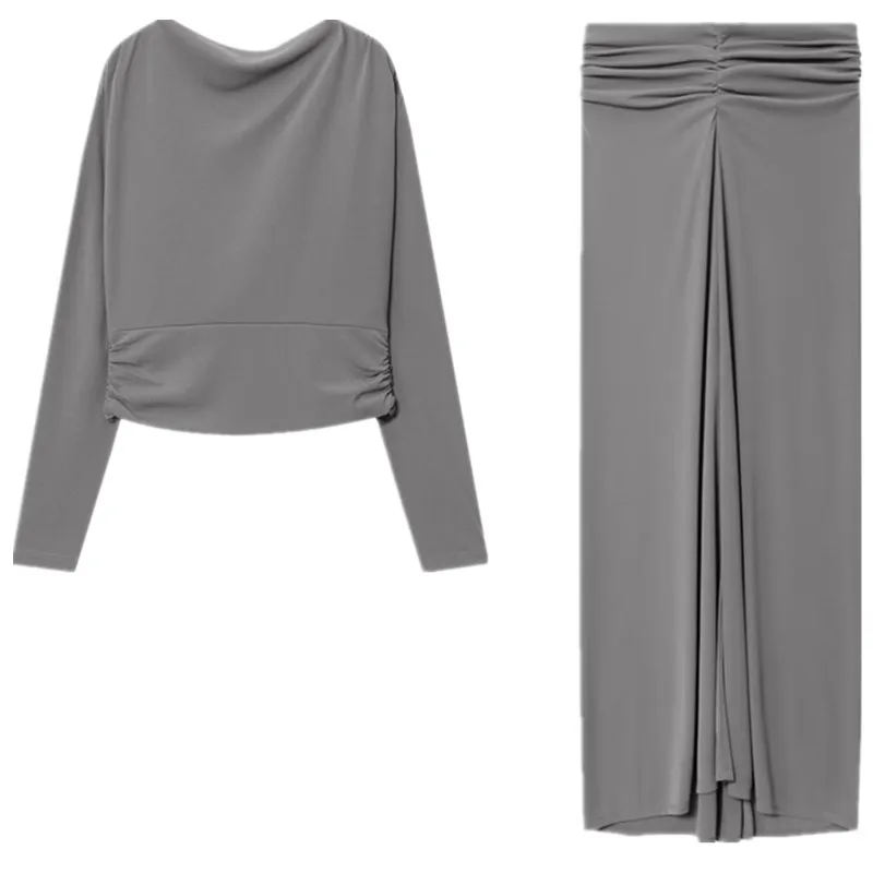 Nuevo Conjunto de Moda Otoño 2025 para Mujer con Top con Pliegues en la Espalda y falda de Cintura Media, Estilo Europeo ...