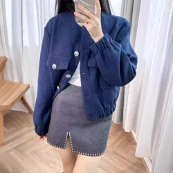 Dark blue jacket for women,Round neck short jacket with metal buckle and elastic hem, 2024 autumn collection clothes for women