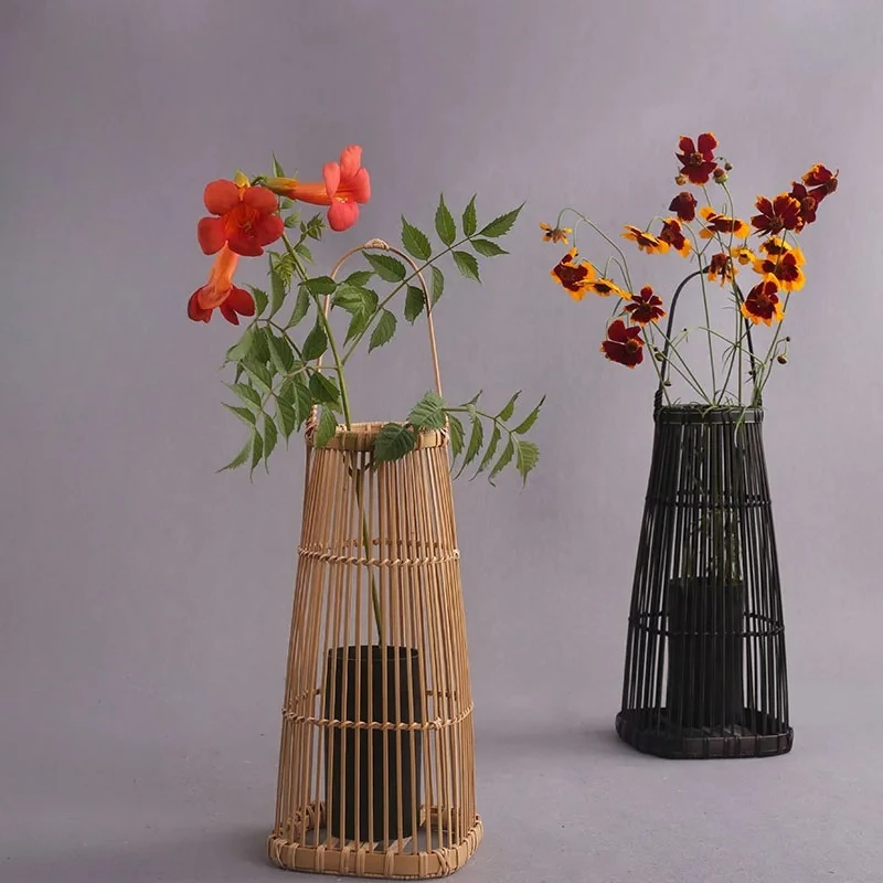 Handmade Bamboo Zen Flower Vase Japanese Style Art Flower Basket Retro Tea Room Arrangement Creative Woven Flower Insert