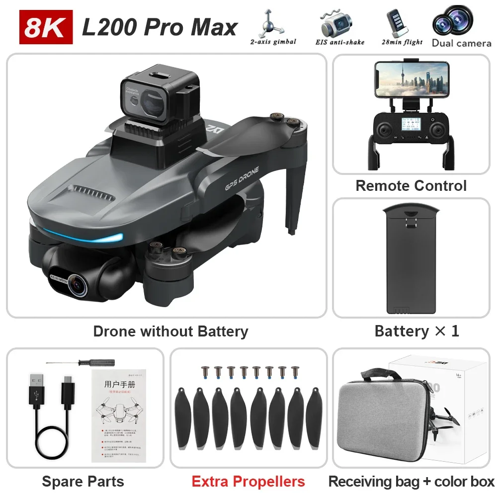 New L200 PRO MAX 4K Professional Drone GPS EIS Dual Camera Obstacle Avoidance Flight 2-axis PTZ Brushless Helicopter GPS RC toys