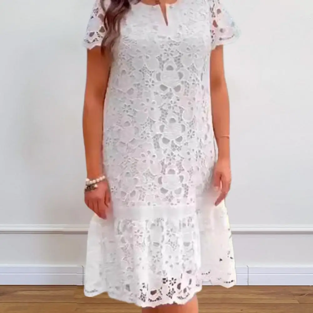 

Women Lace Dress Elegant Vintage Lace Summer Dress with Short Sleeves V Neckline A-line Midi Dress for Prom Parties Dates White