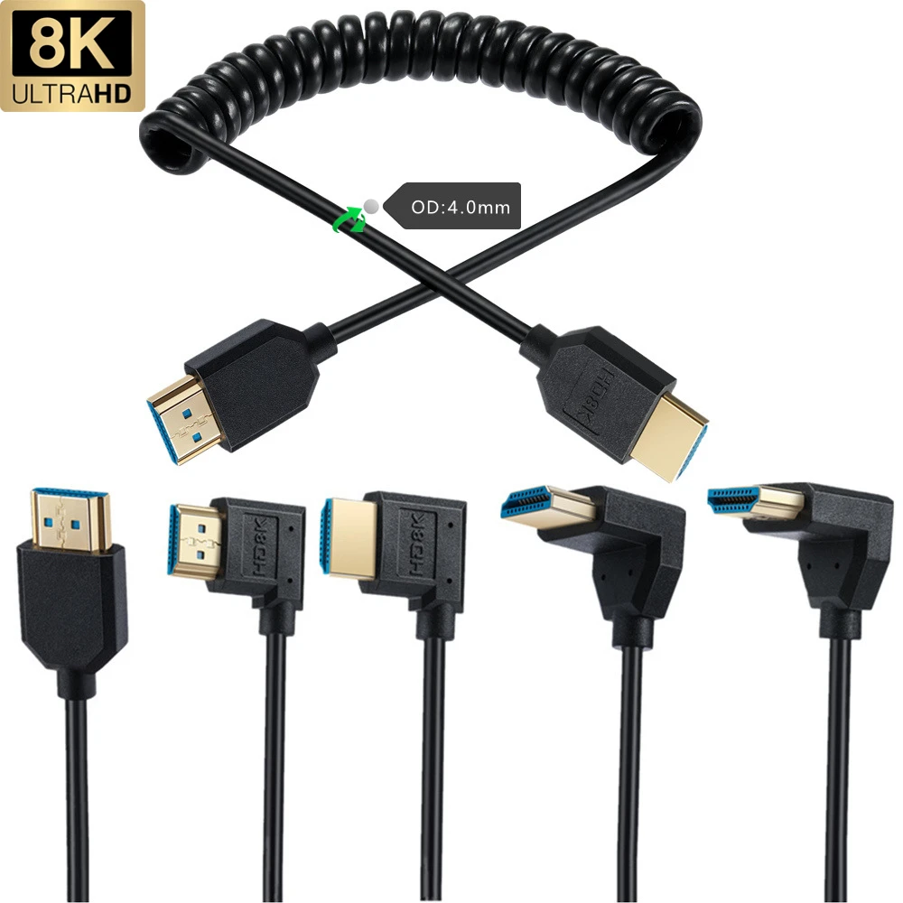 HDMI Coiled Cable  8K Super Flexible Slim Cable Supports 48Gbps for Camera Camcorder Monitor TV PS4 PS5 Monitor PC 3D 8K60 4K120