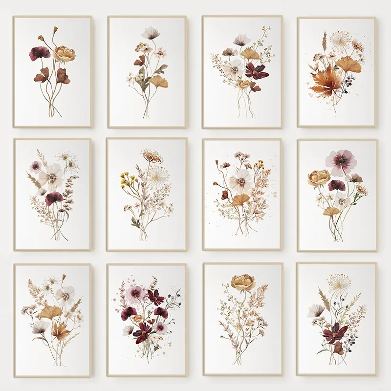 Póster de ramo de flores silvestres de flores de acuarela, pintura en lienzo botánico Floral neutro minimalista, arte de pared bohemio para habitación, decoración del hogar