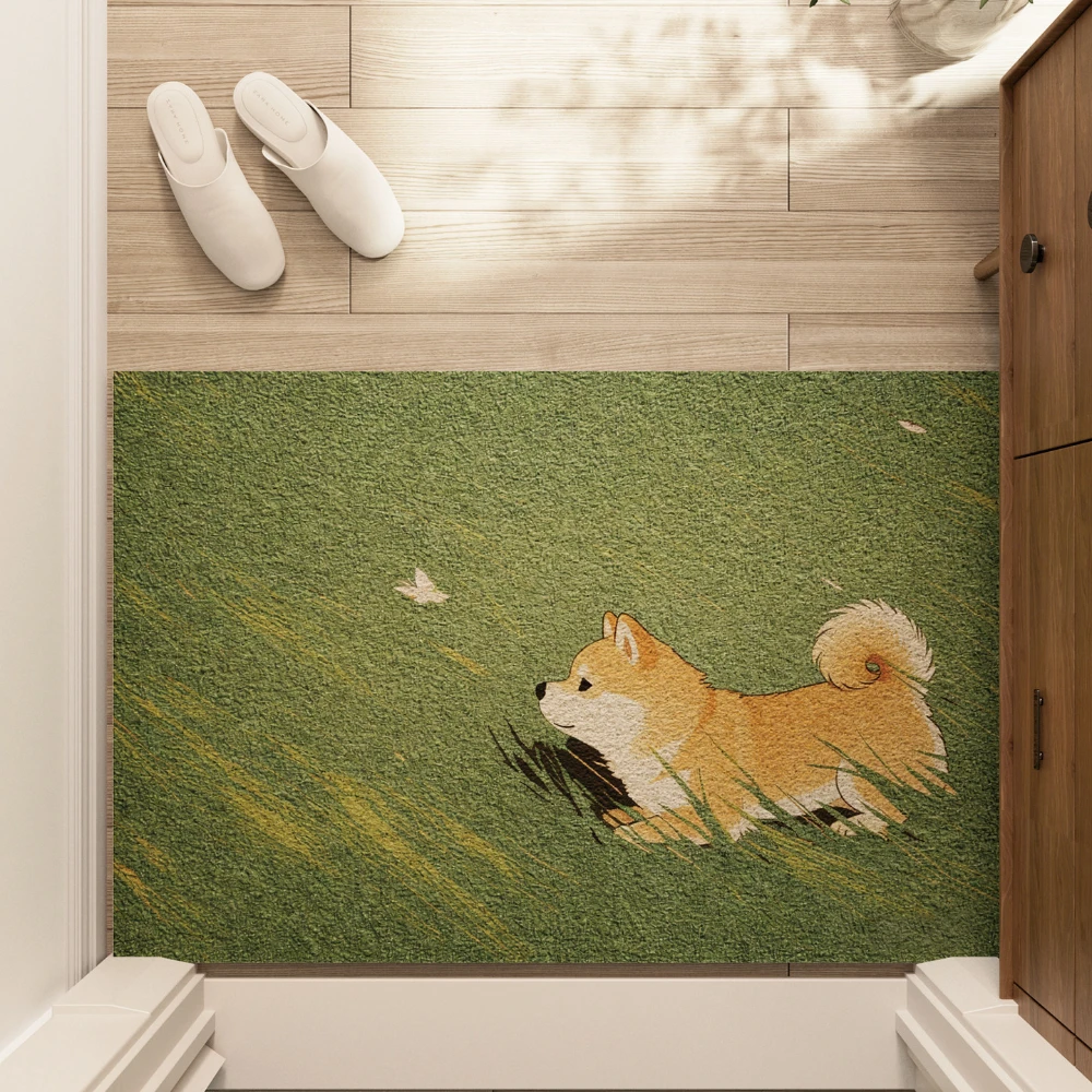 Cute Shiba Inu Doormat, Puppy on Green Grass Print Rug for Cozy Bedroom Bathroom & Balcony Decor, Durable & Stylish