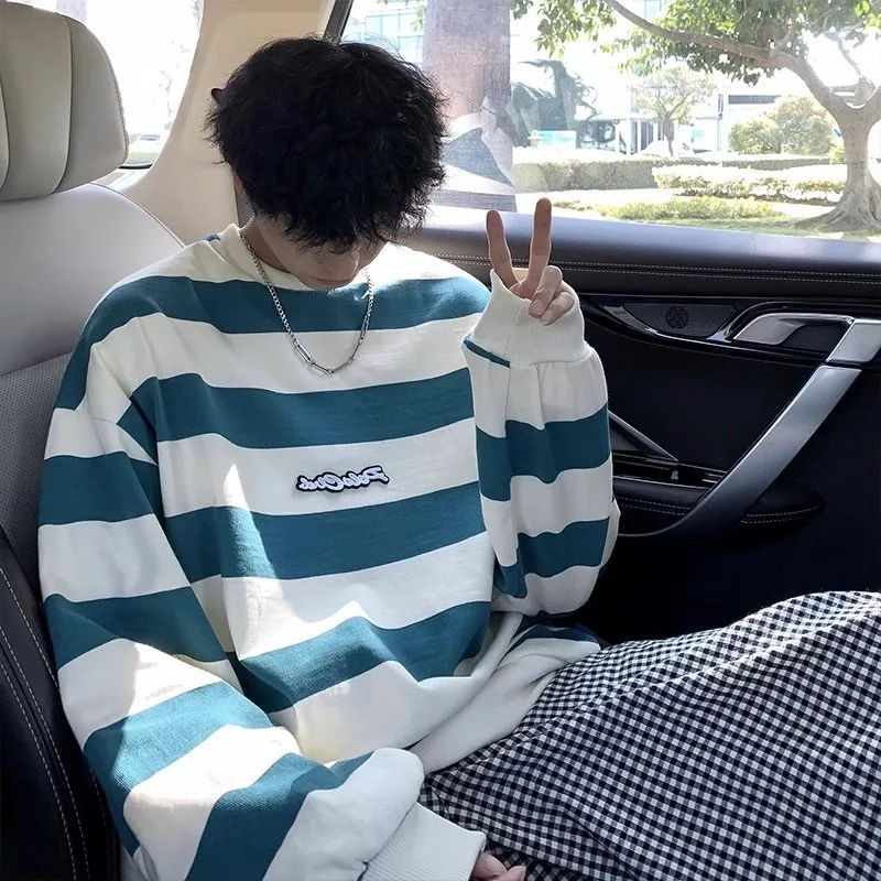 

Loose Fit Men's Sweatshirt Striped Casual round Neck Spring Autumn Large Size 300 Pounds Comfortable Breathable Anti-Wrinkle