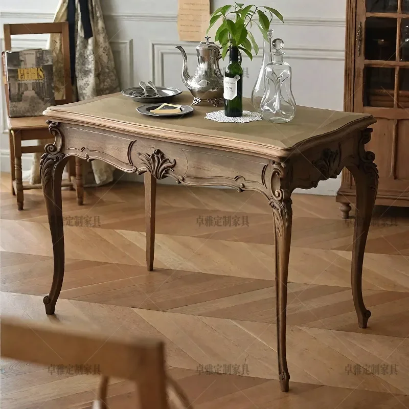 French vintage solid wood distressed carved family dining table, European medieval style desk, round dining table combination cu