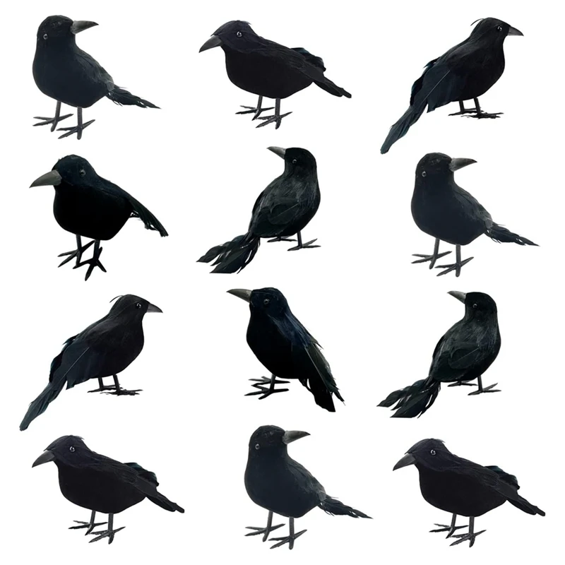 Corvo emplumado artesanal olhando realista, Halloween Black Crows, 3 estilos, 12 pcs