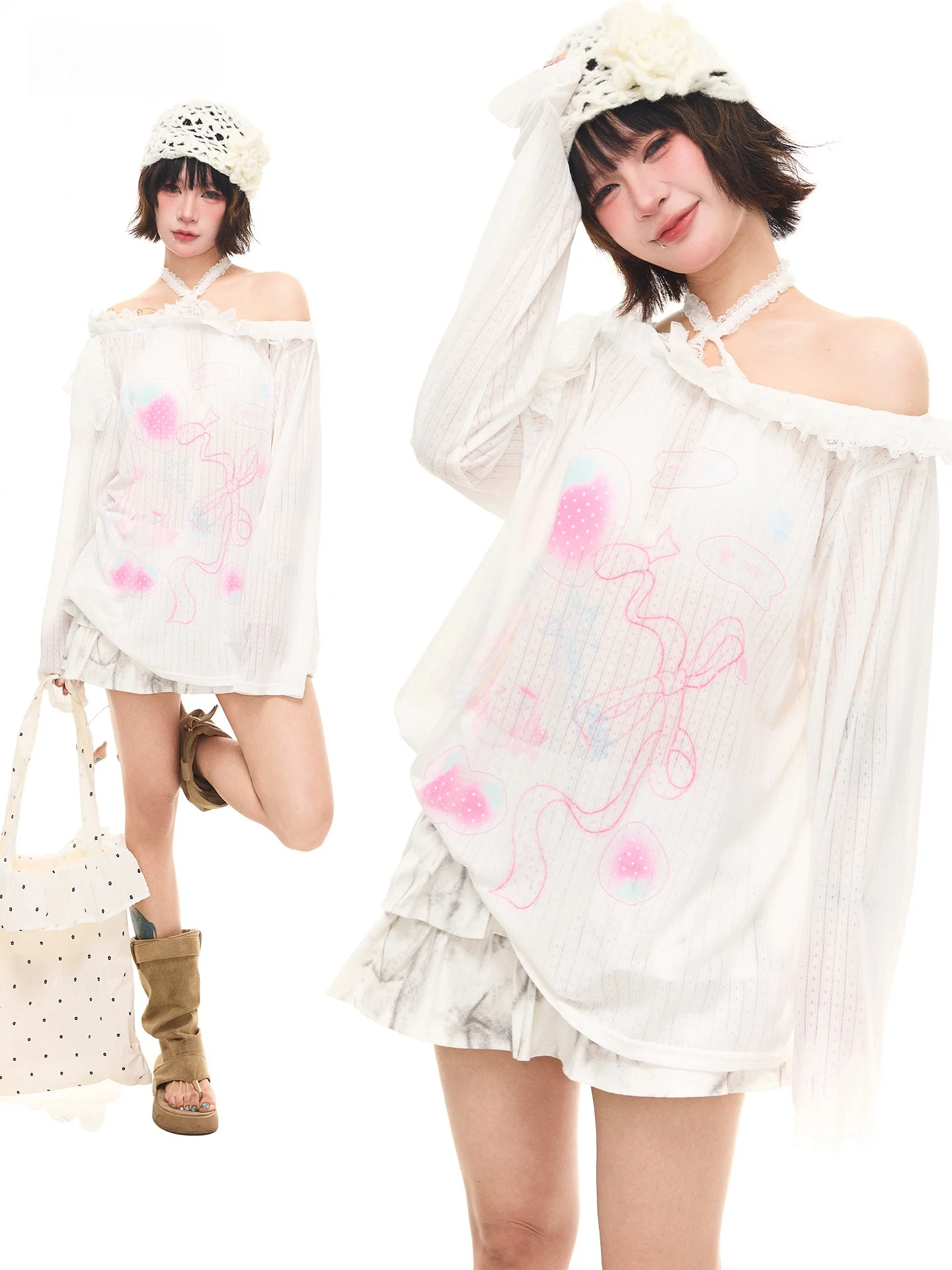 

Sweet Girl Lace Long Sleeve T-Shirt Women Summer Loose Sunshade Shirt Drapey Top Cotton Polyester Fabric Printed Knot