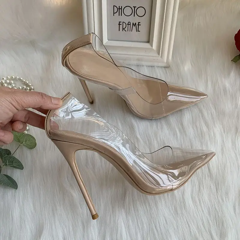 Transparent PVC 12cm high heel pointed toe high-heeled shoes women\'s shoes party wedding 10cm 8cm QP187 ROVICIYA