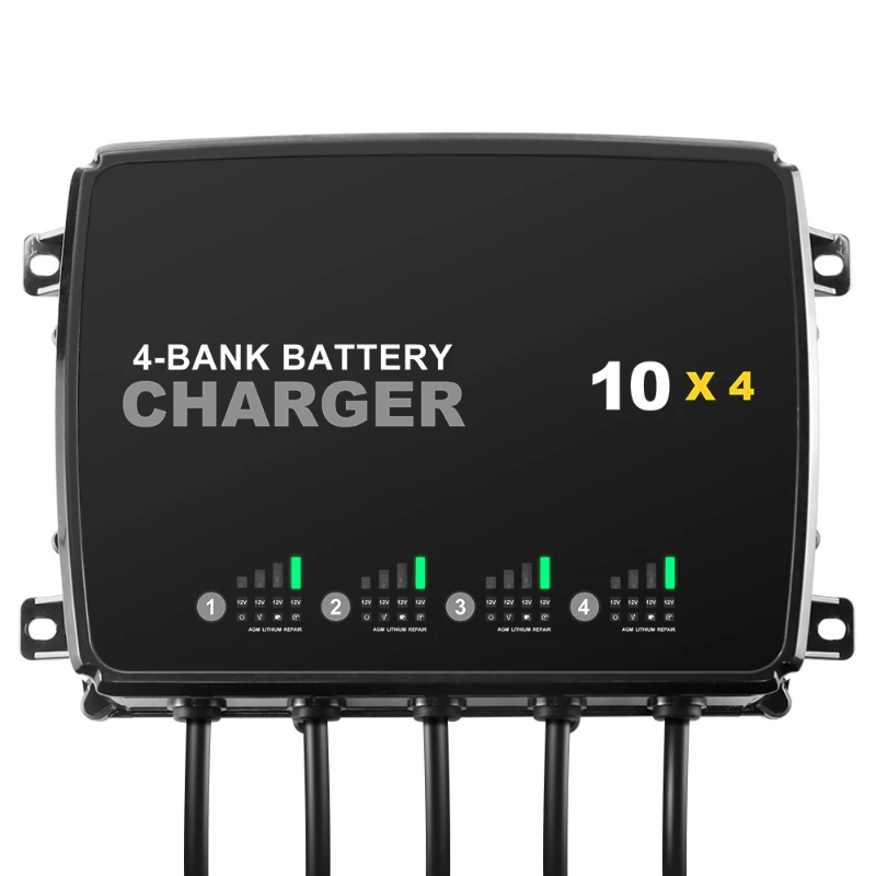 4-Bank 10A Each Battery Charger 12V Smart Automatic Maintainer IP68 Waterproof For AGM Lithium Gel Wet EFB MF CA Batteries