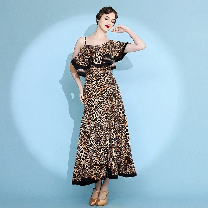 New Female Ballroom Dress Leopard Irregular Design Tango Dress Standard Ballroom Waltz Modern Dance Competition Dancewear S9087