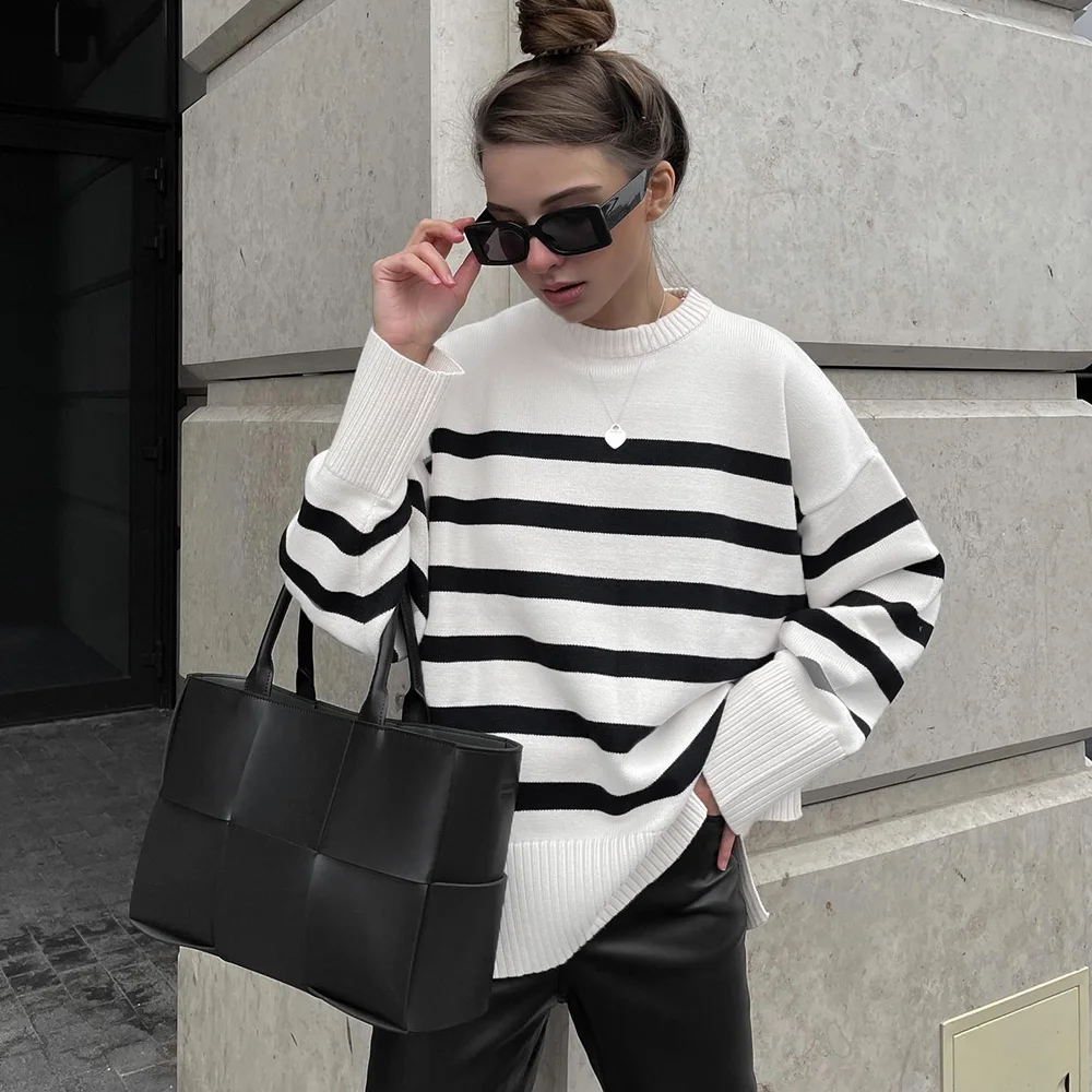 White Striped Knit Sweater Pullovers Women Knitted Basic Pull Tops Autumn Winter Loose-Fitting Jumpers Female Knitting Sweaters