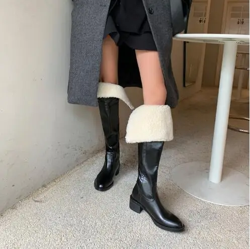 Winter Brown Black Genuine Leather Round Toe Lamb Fur Over The Knee Boots Women Med Heels Tube Slip On Warming Long Boots Shoes