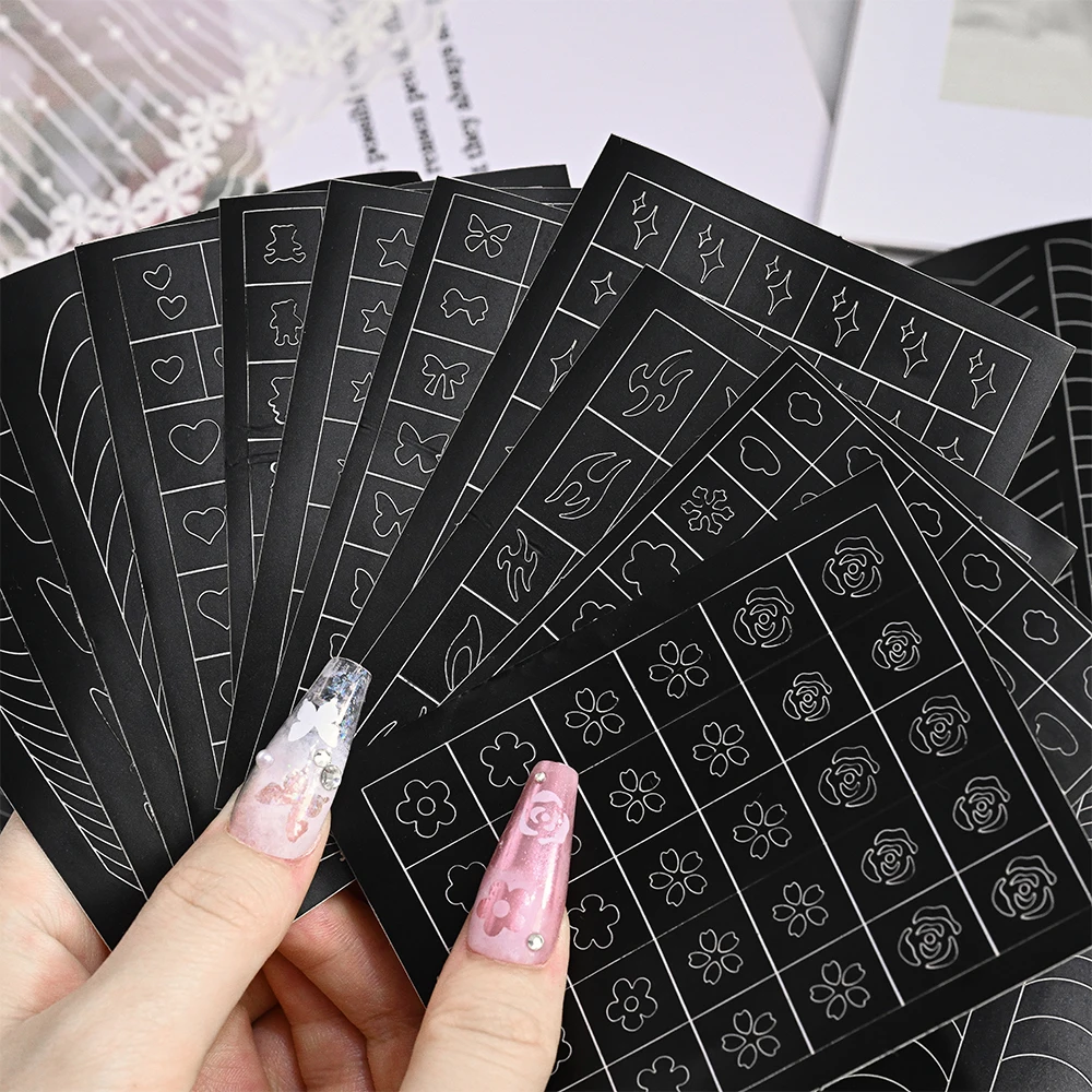 1Pc エアブラシステンシルネイルステッカー蝶ハートフレンチラインスターフラワーテンプレートステッカーネイルチップガイド DIY 装飾