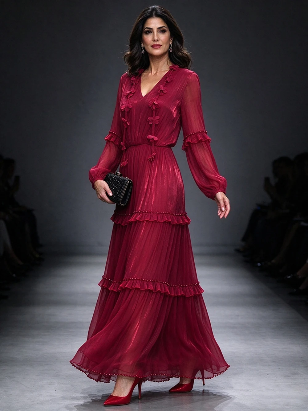 Modphy Formal Simple Jersey Sash Elegant Beaded Ruffle V Neck Flower Long Evening Dresses For Birthday Party
