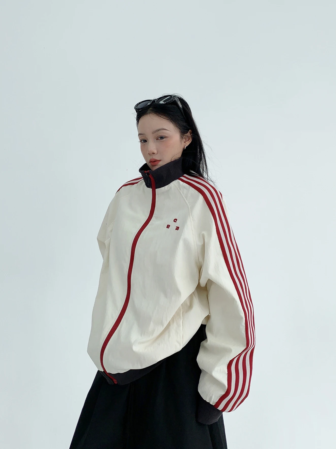 

Casual American Sle Spor ort Jaet for Women Loose Silhouette Contrast Color Thin Outerwear Trendy Stand Collar Coat