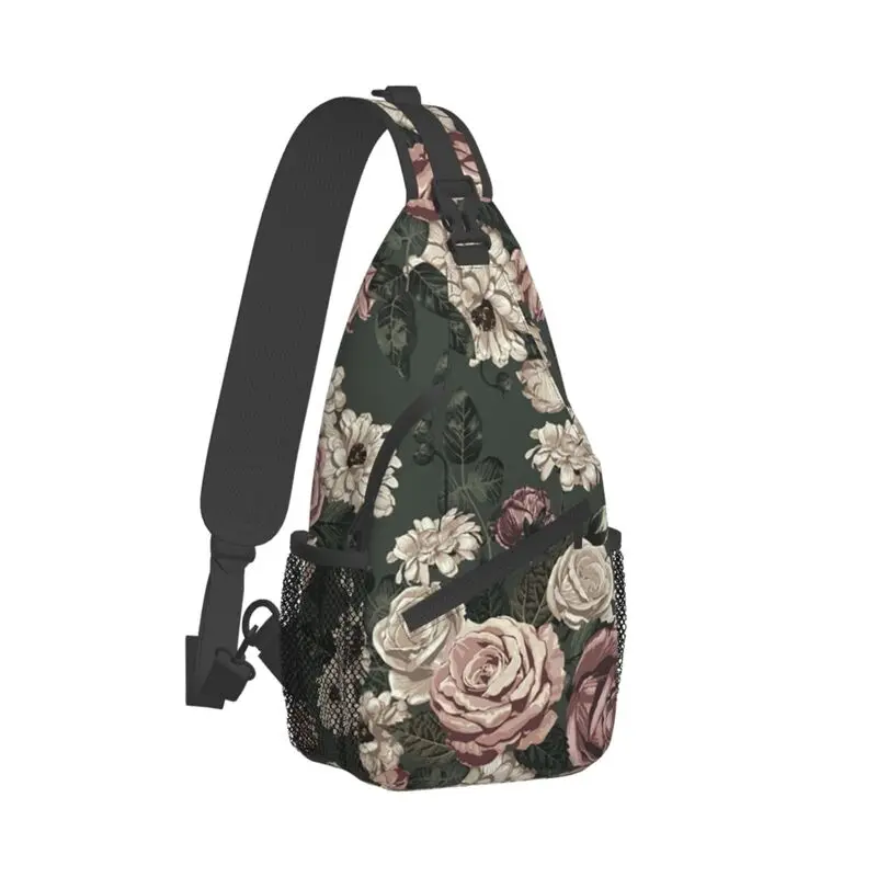 Vintage rosas delicadas padrão Sling peito saco personalizado flor Floral ombro Crossbody mochila para homens viagens caminhadas Daypack