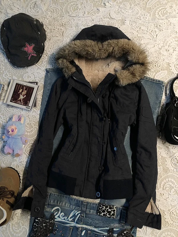 Jaet con capucha de piel de cordero azul Original para mujer, abrigo Retro Sle de invierno, Top cálido de mezcla de algodón, corte recto, cremallera larga