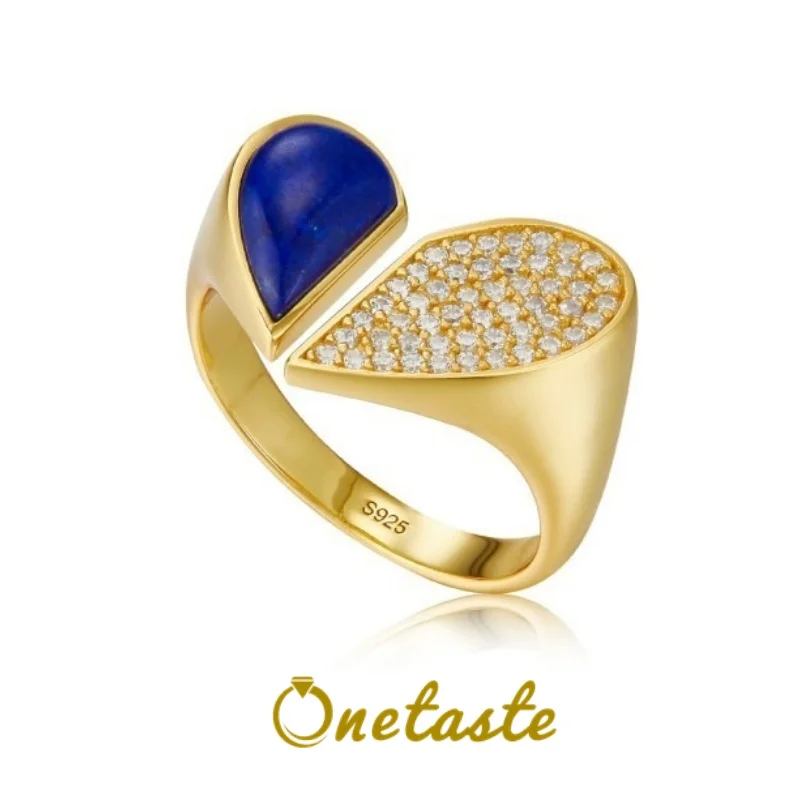 

925 Sterling Silver Gold Plated Lapis Lazuli Zircon Heart Shaped Open Rings For Women Simple Romantic Natural Stone Love Ring