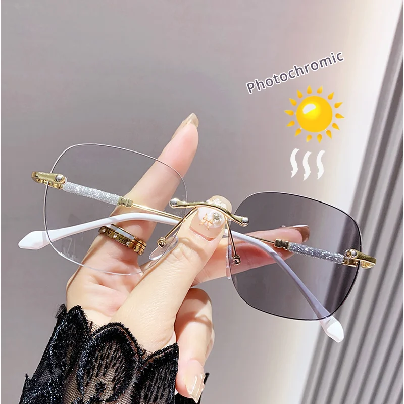Women's Glasses Myopia Photochromic Sunglasses Rimless Prescription Glasses Graduated Optical Lenses Transparent Glasses Minus