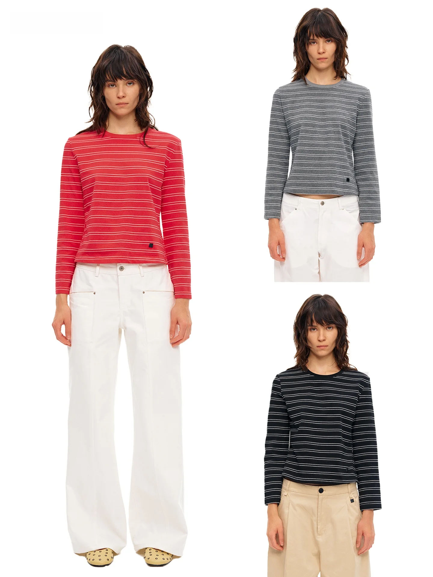 

AHNKANK Retro Striped ort Sve Pure Cotton Women's Slim Fit Base irt Spring New Sle Nine Points T-irt round Ne