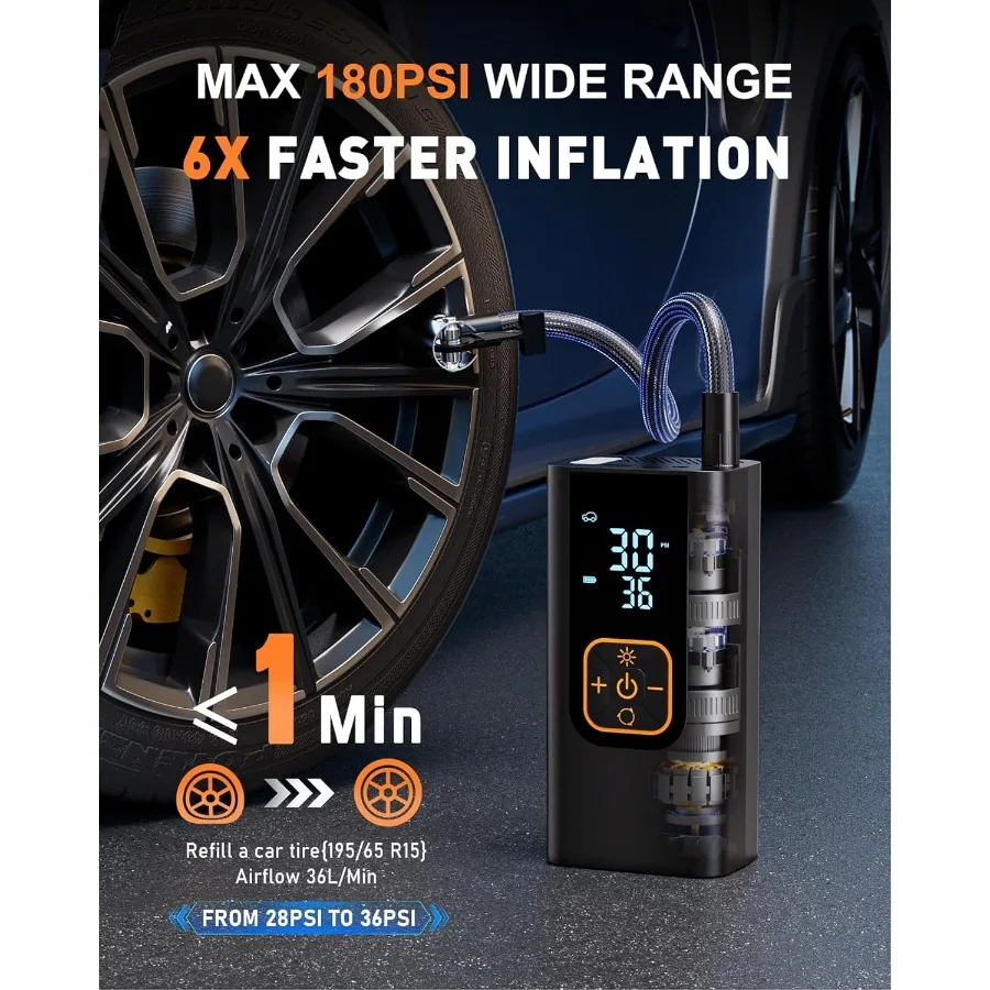 180PSI Portable Air Compressor with Digital Pressure Gauge for Car Tires Motorcycle Bike and Sports Balls 6X Faster Inflation 1