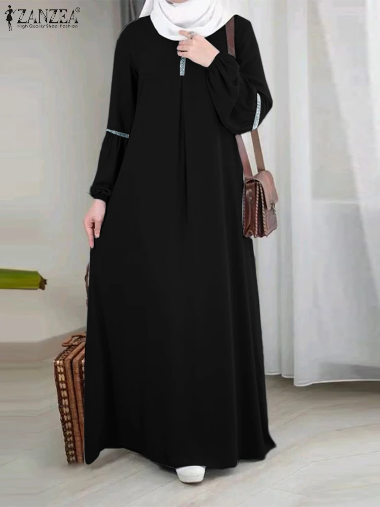 Muslim Hijab Dress Sequin Abaya Women Long Sleeve Solid Sundress ZANZEA Ramadan Elegnat Dresses Party Robe Isamic Clothing